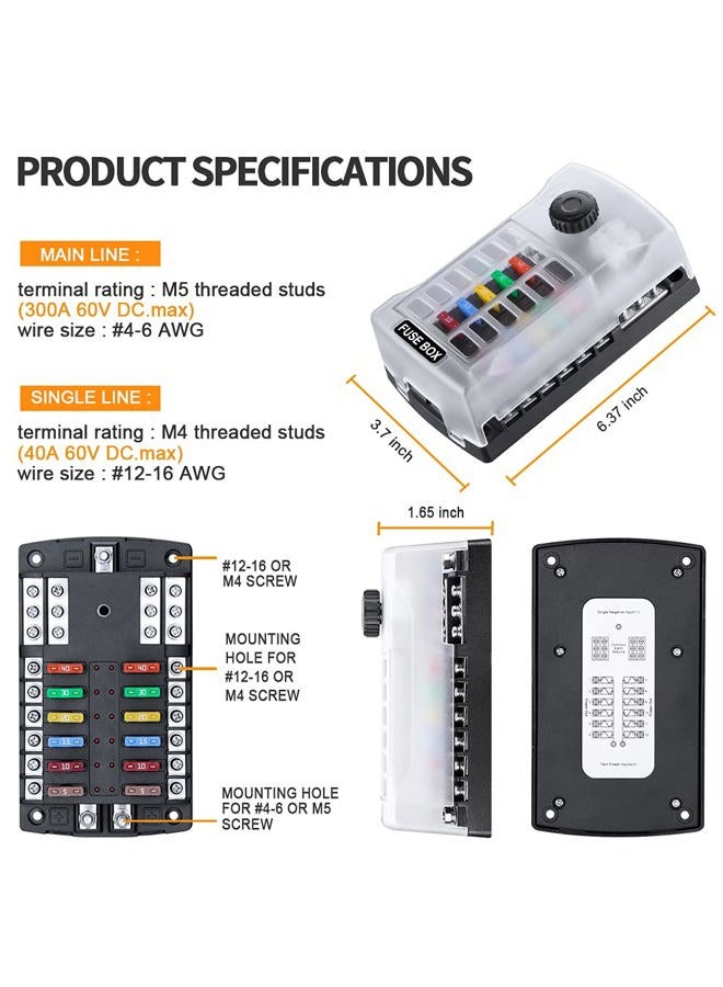 ELECTOP Upgraded 300A 12 Way Blade Fuse Block Fuse Box with 2 Positive Power Inputs Negative Bus, 12 Circuit Fuse Holder ATC/ATO Fuse Block Panel with LED Indicator for 12V/24V Car Truck Boat Marine - Image 3