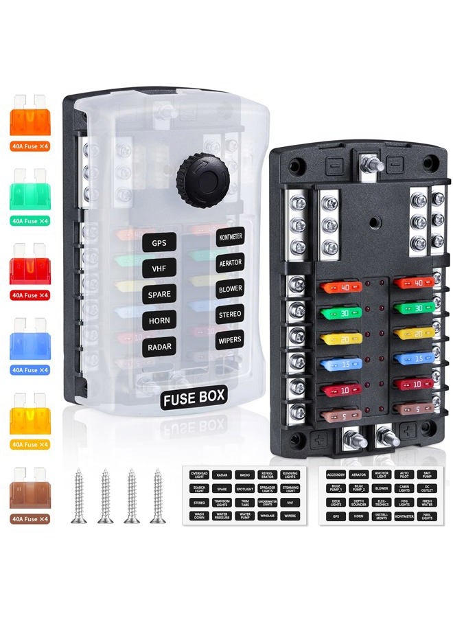 ELECTOP Upgraded 300A 12 Way Blade Fuse Block Fuse Box with 2 Positive Power Inputs Negative Bus, 12 Circuit Fuse Holder ATC/ATO Fuse Block Panel with LED Indicator for 12V/24V Car Truck Boat Marine - Image 1