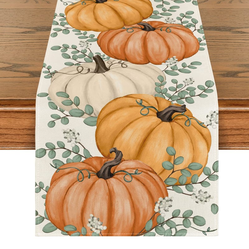 Artoid Mode Orange Pumpkins Eucalyptus Leaves Fall Table Runner Autumn Thanksgiving Kitchen Dining Table Decoration for Home Party Decor 13x72 Inch
