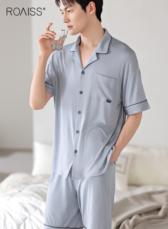 roaiss Men's Summer Breathable Pajama Set Cardigan Loose Plus Size short Sleeve Short Pant Loungewear Casual Elastic Waist Button Front with Pocket Sleepwear - Image 1