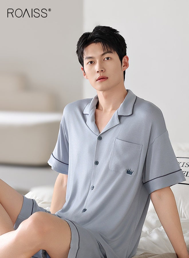 roaiss Men's Summer Breathable Pajama Set Cardigan Loose Plus Size short Sleeve Short Pant Loungewear Casual Elastic Waist Button Front with Pocket Sleepwear - Image 2