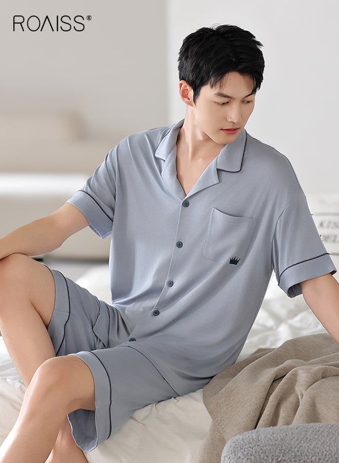 roaiss Men's Summer Breathable Pajama Set Cardigan Loose Plus Size short Sleeve Short Pant Loungewear Casual Elastic Waist Button Front with Pocket Sleepwear - Image 3