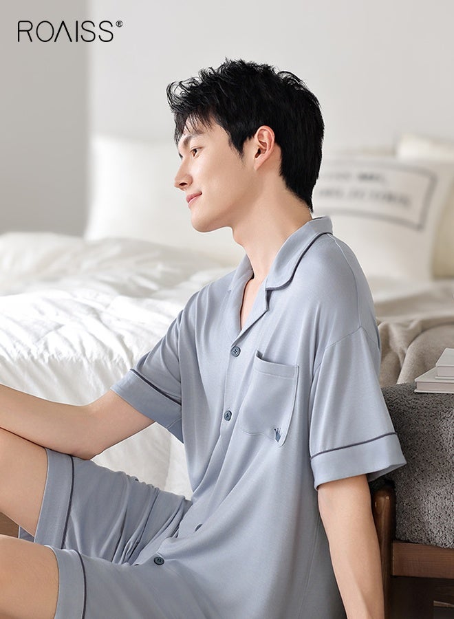 roaiss Men's Summer Breathable Pajama Set Cardigan Loose Plus Size short Sleeve Short Pant Loungewear Casual Elastic Waist Button Front with Pocket Sleepwear - Image 5