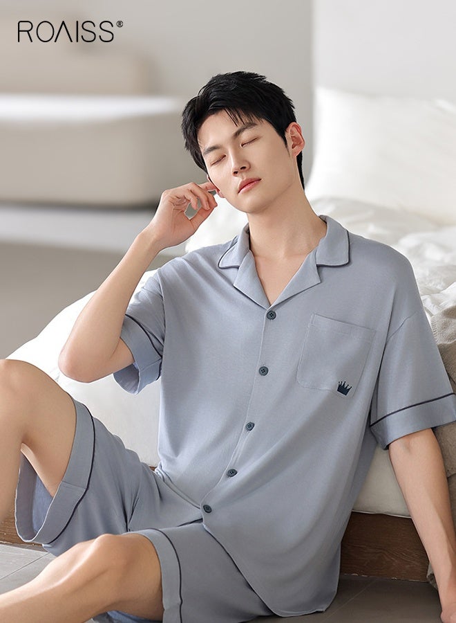 roaiss Men's Summer Breathable Pajama Set Cardigan Loose Plus Size short Sleeve Short Pant Loungewear Casual Elastic Waist Button Front with Pocket Sleepwear - Image 4