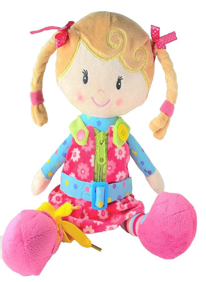 Sugar Snap Plush Learn to Dress Montessori Toy Doll for Toddlers - 15" - Zipper, Snaps, Buttons, Buckle and Shoe Tying Practice for Kids - Montessori Toy for 2 3 4 5 Year Old
