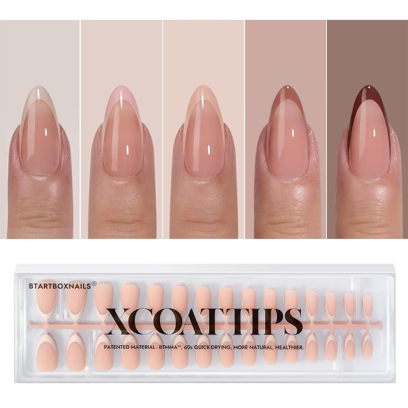 BTArtboxnails XCOATTIPS أظافر مضغوطة أظافر فرنسية متوسطة الشكل لوز جلدية مادة هلامية ناعمة أظافر أكريليك مزيفة هدية لعملها بنفسك في المنزل