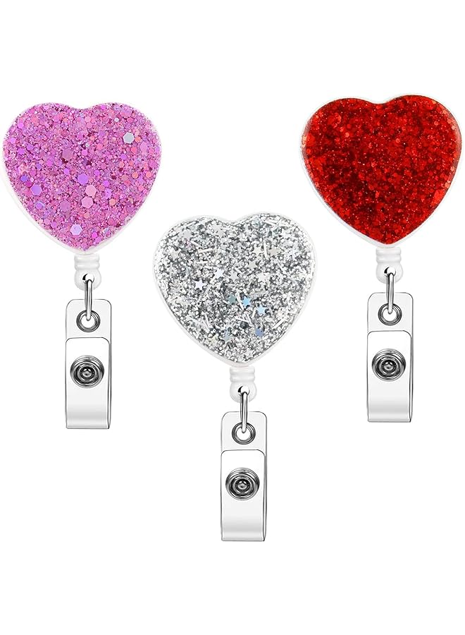 إيروريكس مجموعة من 3 بكرات حامل شارة الهوية القابلة للسحب مع مشبك لامع، حامل بطاقة قابل للسحب لموظفي المكتب والمعلمين والأطباء والممرضات على شكل قلب - Image 1