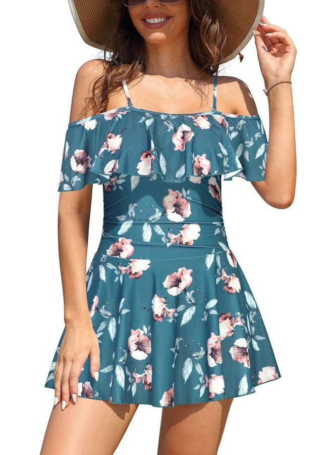 SHEKINI Women's Off-Shoulder Ruffled Flounce Swim Skirt Ruched One Piece Swimdress, Deep Green - Flower, XXL - Image 1