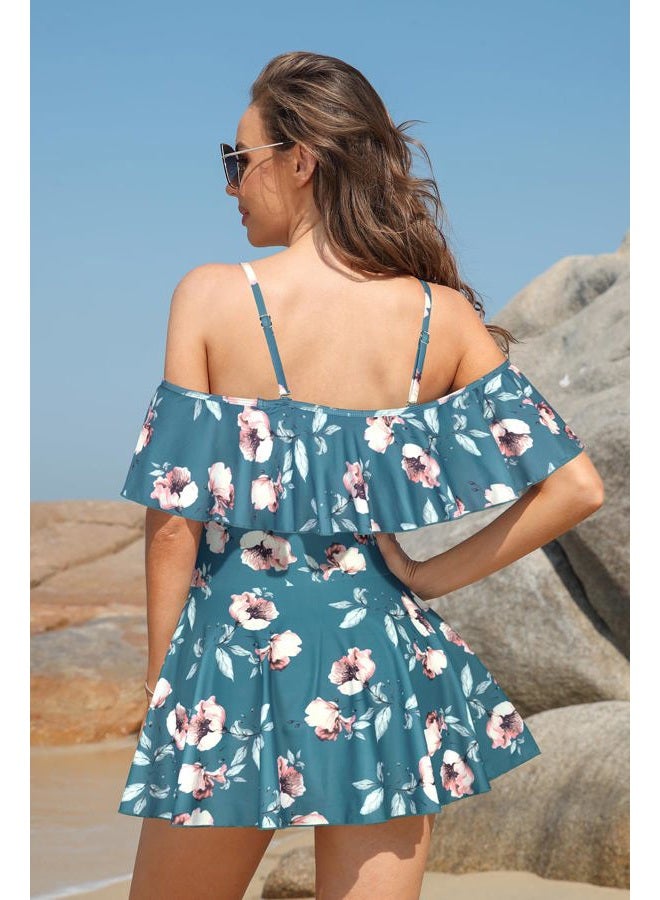 SHEKINI Women's Off-Shoulder Ruffled Flounce Swim Skirt Ruched One Piece Swimdress, Deep Green - Flower, XXL - Image 3