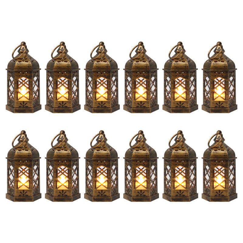 LLQ Mini Lantern with LED Candle, 12PCS Small Lanterns Decorative Indoor, Vintage Moroccan Lights for Halloween Decorations, Hanging Ornaments for Christmas, Table Centerpiece, Boho Wedding Decor - Image 1