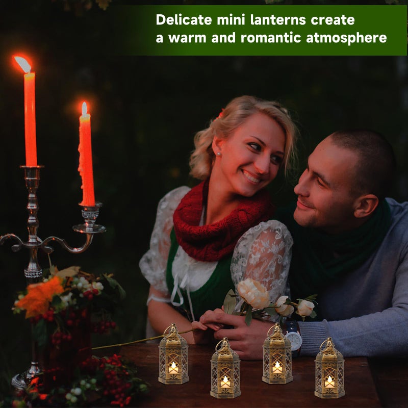 LLQ Mini Lantern with LED Candle, 12PCS Small Lanterns Decorative Indoor, Vintage Moroccan Lights for Halloween Decorations, Hanging Ornaments for Christmas, Table Centerpiece, Boho Wedding Decor - Image 4
