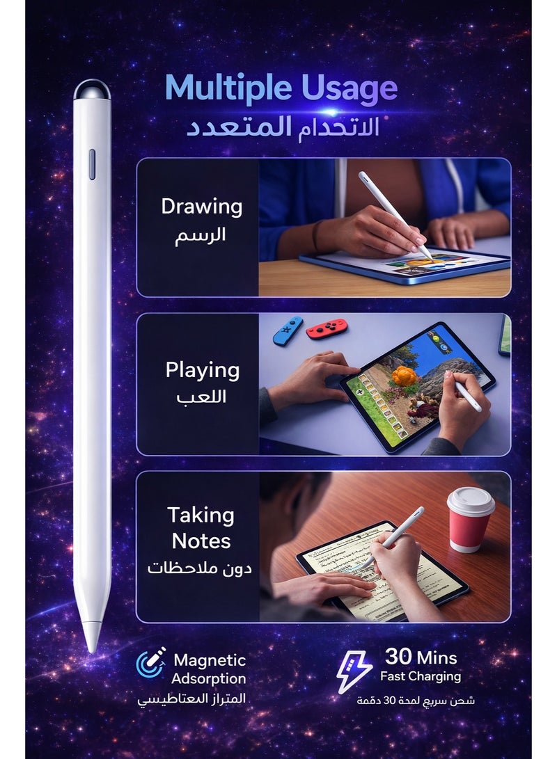 Stylus Pen for iPad with Magnetic Wireless Charging, Palm Rejection & Tilt Sensitivity, Bluetooth Battery Display, Fast Charge, Compatible with iPad Pro/Air/Mini (2018–2024) - Image 3