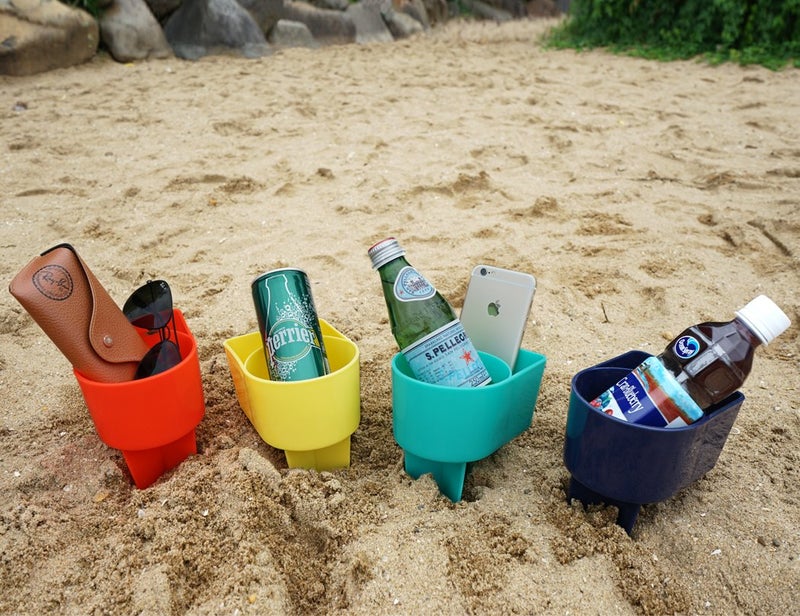 HOME QUEEN Home Queen Beach Cup Holder with Pocket Multifunctional Sand Cup Holder for Beverage Phone Beach Accessory Drink Sand Coaster Set of 4 Navy Teal Yellow and Orange 