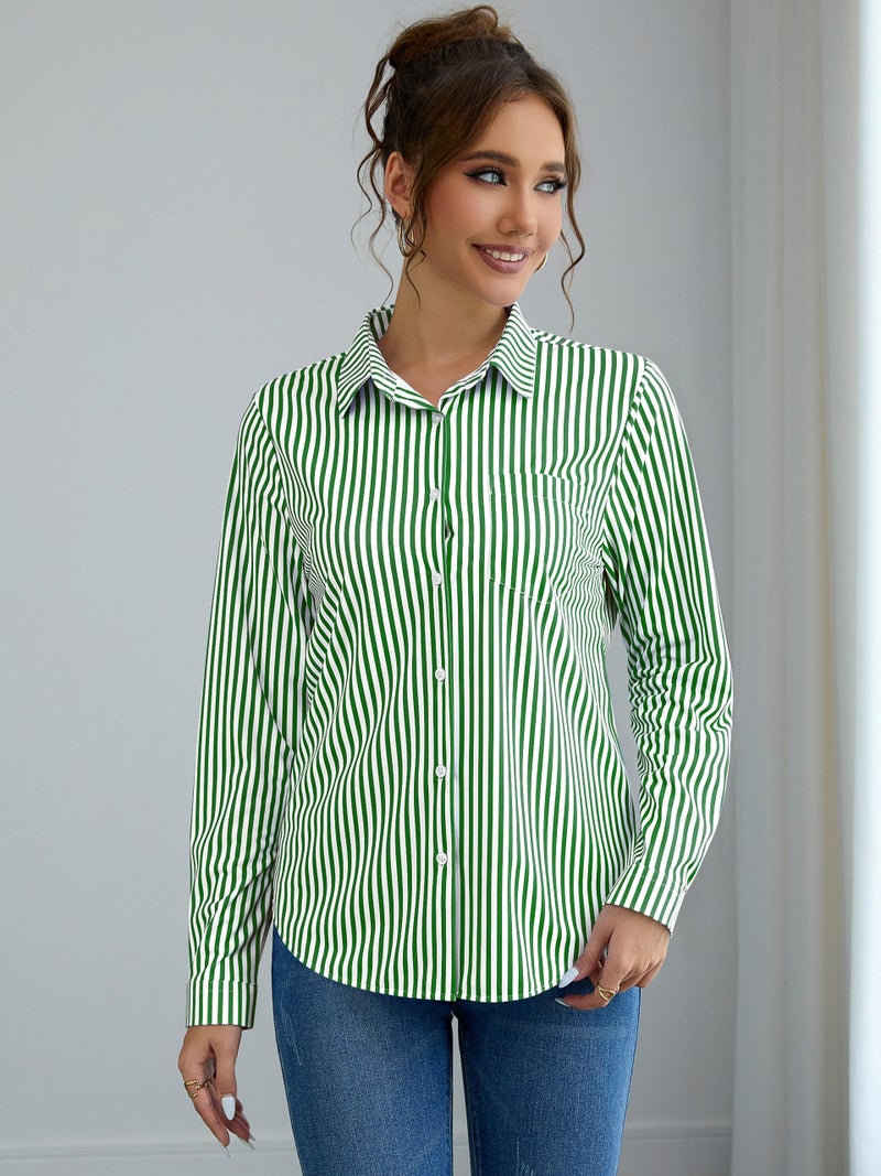COUXILY Striped Button Down Shirts for Women Dress Long Sleeve Collared Office Work Shirt with Pocket Business Casual Outfits Blouse Tops Up Blouses Oversized & Button-Down Dressy White and Green S05 M - Image 3