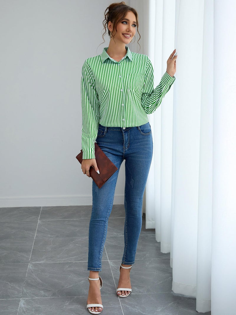 COUXILY Striped Button Down Shirts for Women Dress Long Sleeve Collared Office Work Shirt with Pocket Business Casual Outfits Blouse Tops Up Blouses Oversized & Button-Down Dressy White and Green S05 M - Image 2
