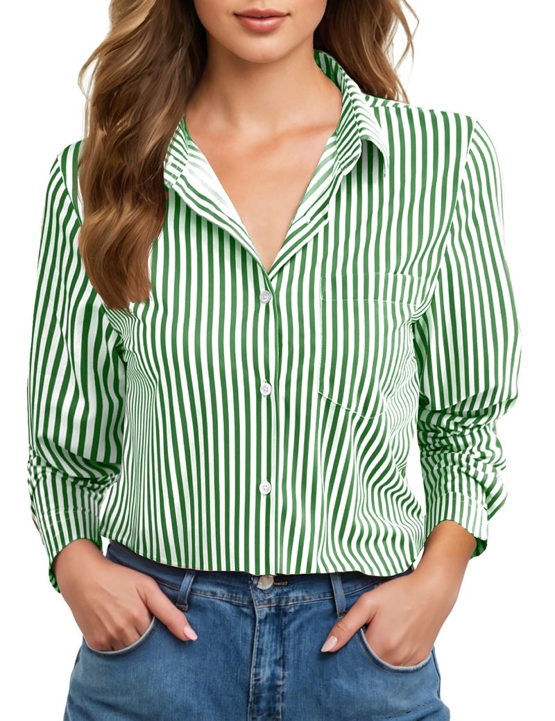 COUXILY Striped Button Down Shirts for Women Dress Long Sleeve Collared Office Work Shirt with Pocket Business Casual Outfits Blouse Tops Up Blouses Oversized & Button-Down Dressy White and Green S05 M - Image 1