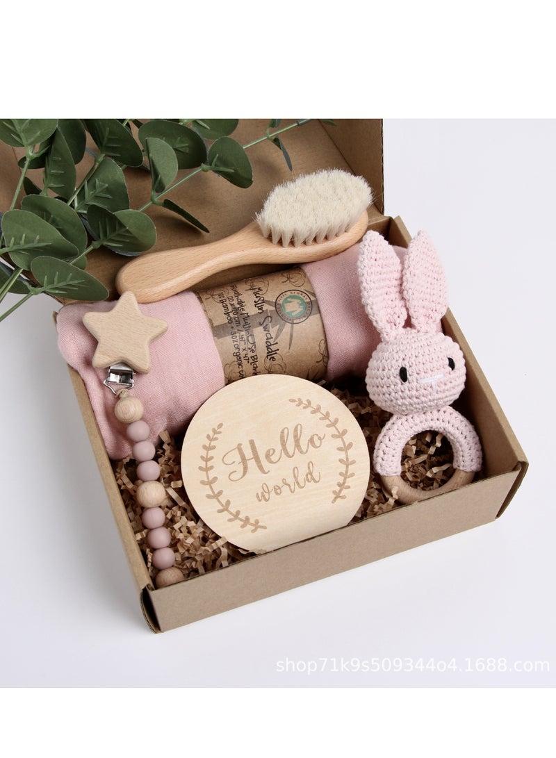 MIXDE Newborn Baby Gift Set -Baby Gift Basket Baby Blanket Baby Rattle Toy Teether with Hair Brush Baby Milestone Baby Gifts Newborn Essential for Boys Girls (7pcs) - Image 1