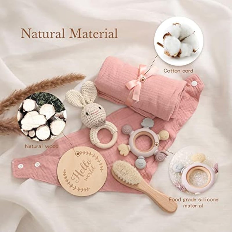 MIXDE Newborn Baby Gift Set -Baby Gift Basket Baby Blanket Baby Rattle Toy Teether with Hair Brush Baby Milestone Baby Gifts Newborn Essential for Boys Girls (7pcs) - Image 4
