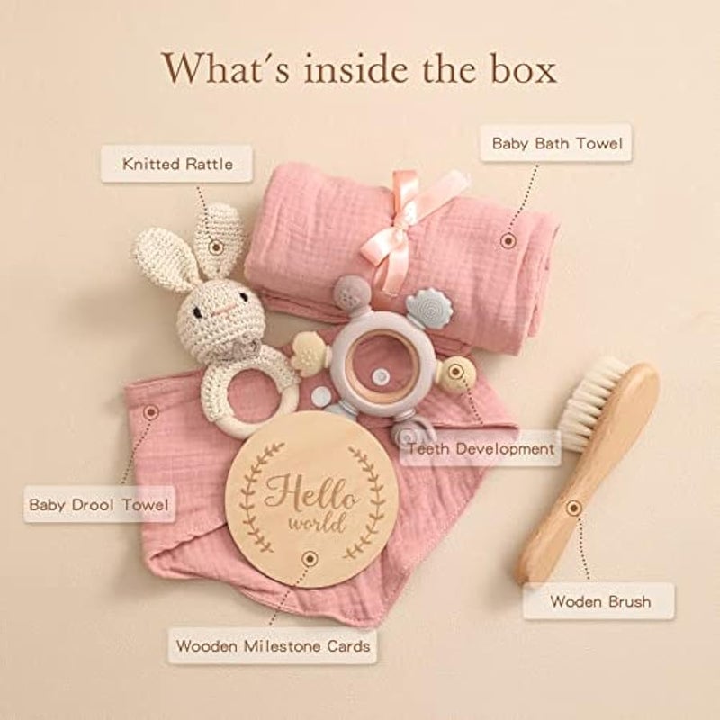 MIXDE Newborn Baby Gift Set -Baby Gift Basket Baby Blanket Baby Rattle Toy Teether with Hair Brush Baby Milestone Baby Gifts Newborn Essential for Boys Girls (7pcs) - Image 3