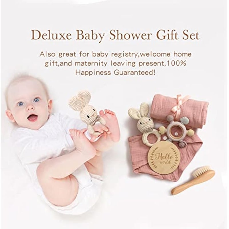 MIXDE Newborn Baby Gift Set -Baby Gift Basket Baby Blanket Baby Rattle Toy Teether with Hair Brush Baby Milestone Baby Gifts Newborn Essential for Boys Girls (7pcs) - Image 5