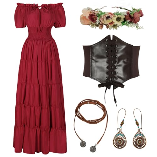 HSDOU 5 Pcs Renaissance Medieval Costume Dress Women Fairy Dress Peasant Cottagecore Dress 1700s Victorian Fantasy Fairy Costume(Z3768RD,M) - Image 1