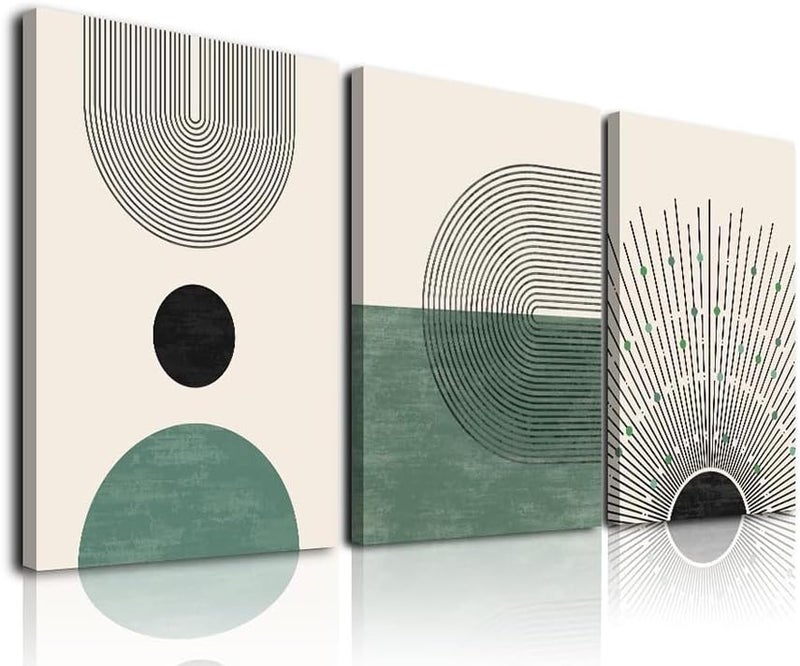 KBKBART Sage Green Boho Wall Art, Abstract Framed Canvas Wall Art for Living Room, Minimalist Beige Green Sun Geometry Black Line Artwork Paintings, Modern Sage Green Boho Room Decor, Green Wall Decor - Image 1