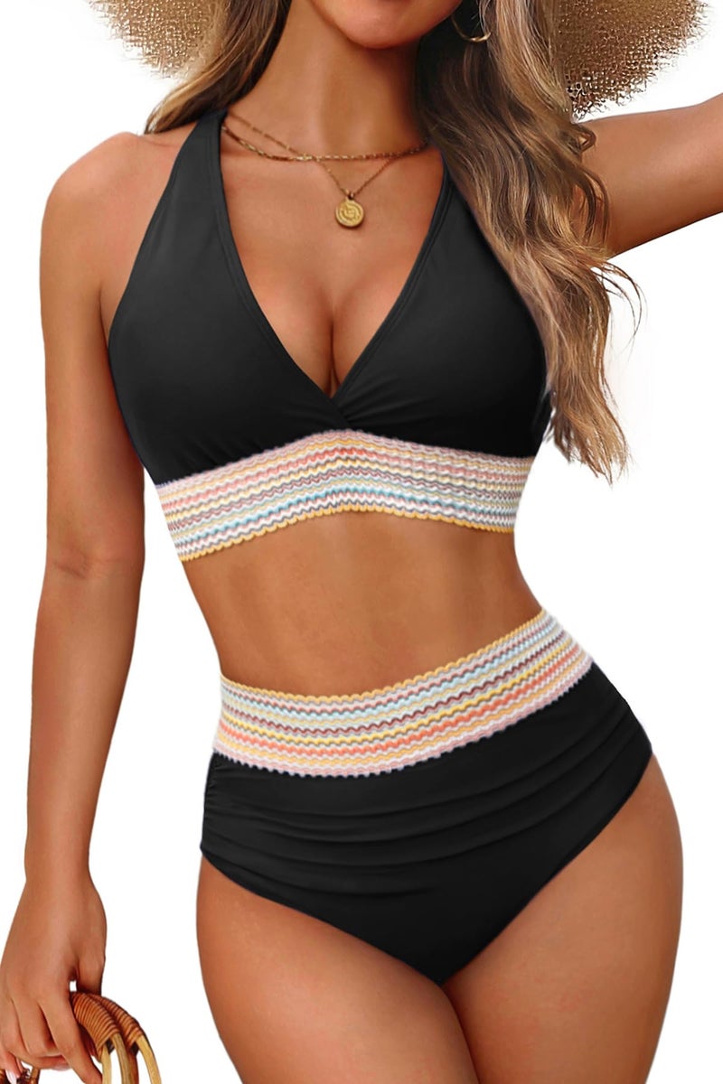 Women Tummy Control Two Piece Swimsuit High Waisted Bathing Suit Halter Bikini Set Push Up Swimwear 2025 Black L