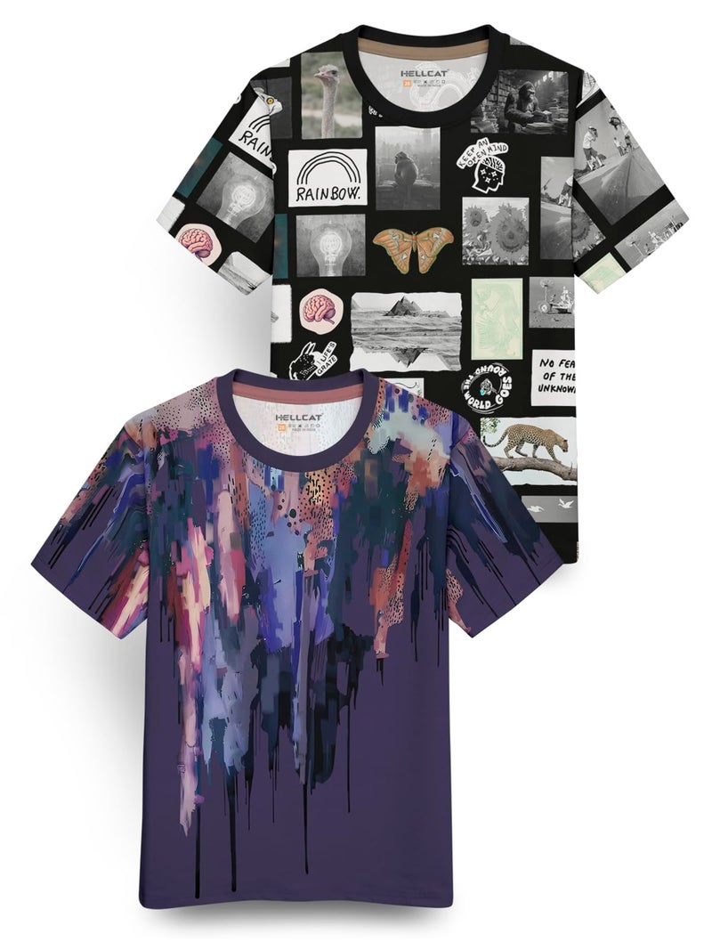 HELLCAT Trendy Front & Back Graphic Printed Cotton Blend Half Sleeve Premium Round Neck Tshirt for Boys - Pack of 2 Black1/Purple 3-4 Years - Image 1