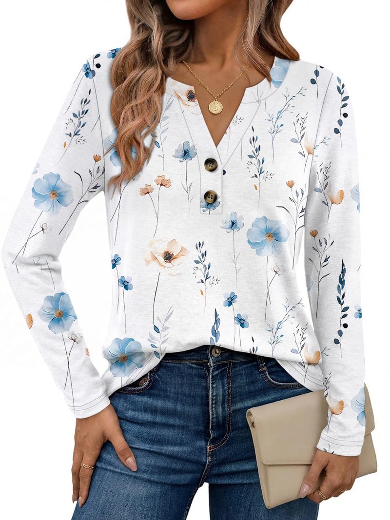 Dealmore Women's Boho Henley Shirts - Soft Stretch Long Sleeve Blouses, Casual Printed V-Neck Tunic Tops FWhite L - Image 1