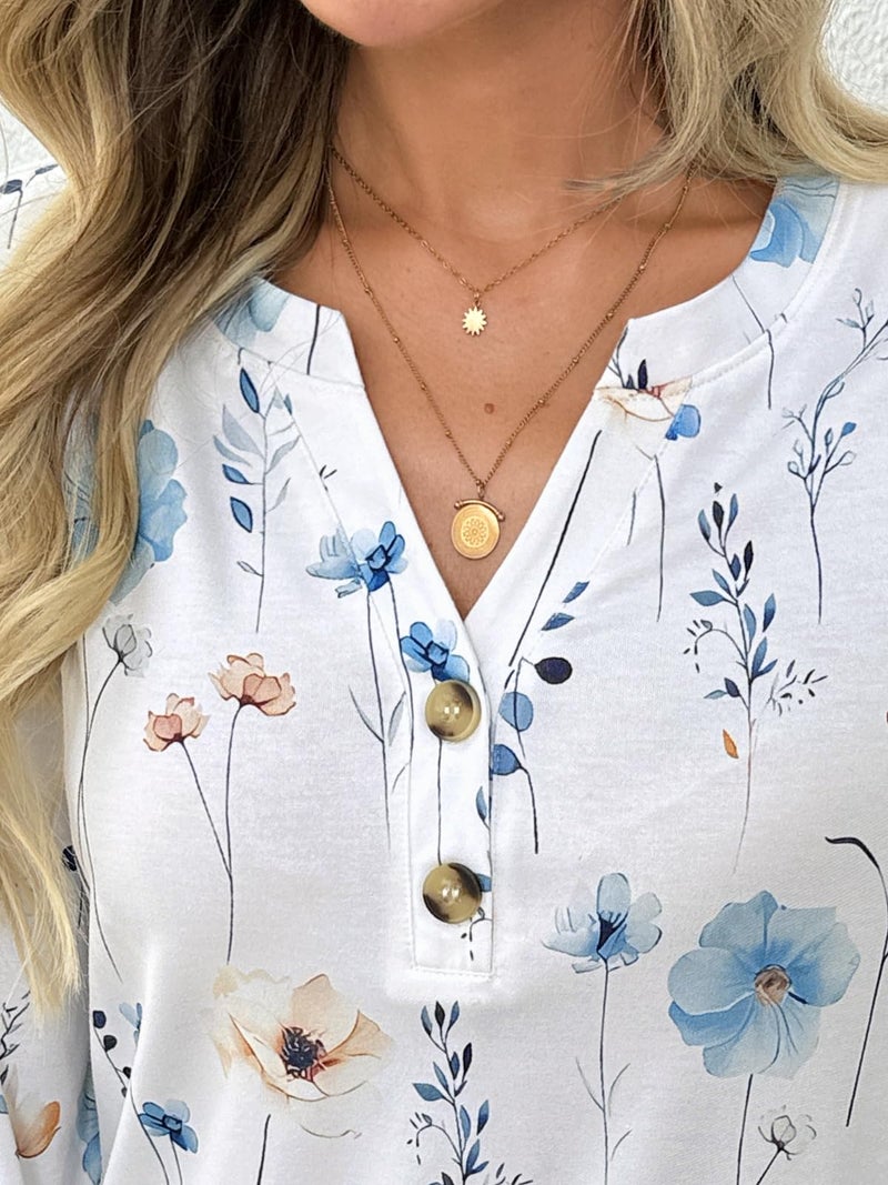 Dealmore Women's Boho Henley Shirts - Soft Stretch Long Sleeve Blouses, Casual Printed V-Neck Tunic Tops FWhite L - Image 5