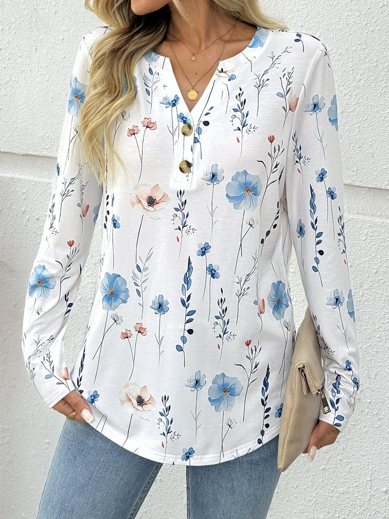 Dealmore Women's Boho Henley Shirts - Soft Stretch Long Sleeve Blouses, Casual Printed V-Neck Tunic Tops FWhite L - Image 3