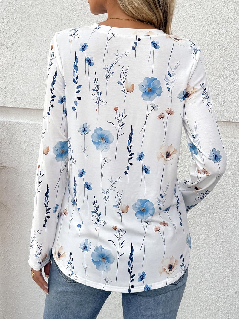 Dealmore Women's Boho Henley Shirts - Soft Stretch Long Sleeve Blouses, Casual Printed V-Neck Tunic Tops FWhite L - Image 4