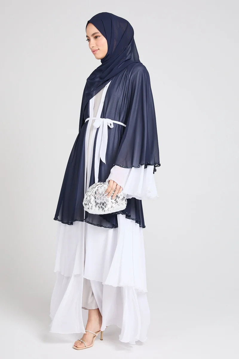 النخبة Multicolour Beaded Flare Sleeves Color Blocked Women's Abaya with Hijab