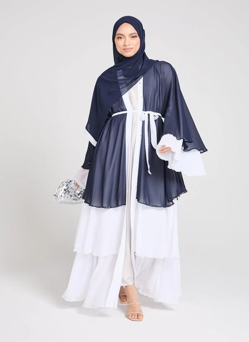 النخبة Multicolour Beaded Flare Sleeves Color Blocked Women's Abaya with Hijab