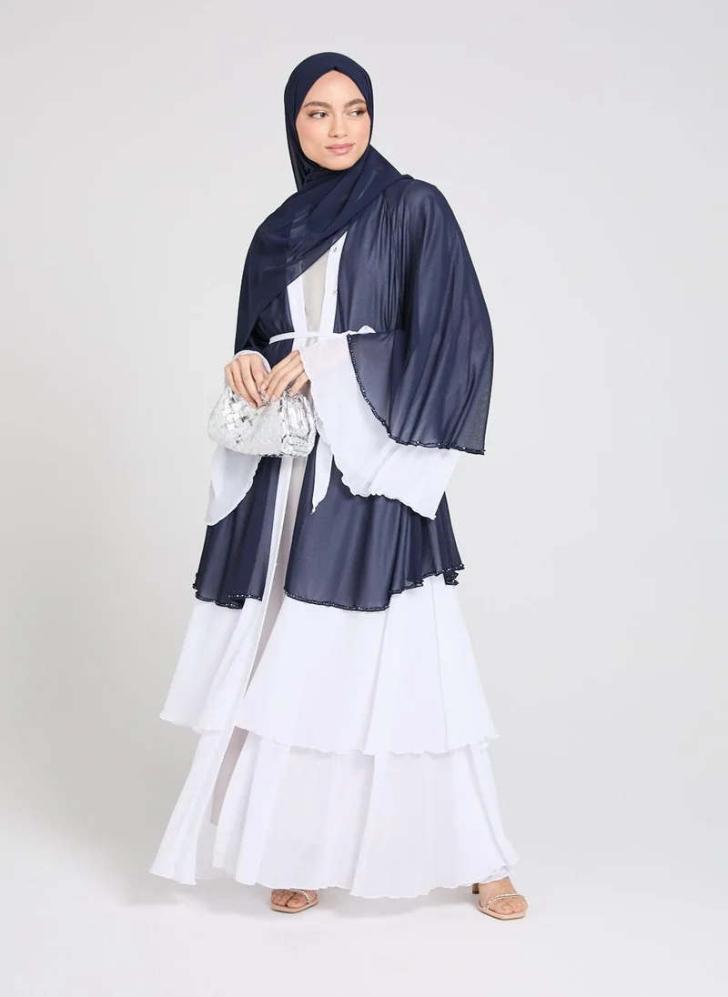 النخبة Multicolour Beaded Flare Sleeves Color Blocked Women's Abaya with Hijab