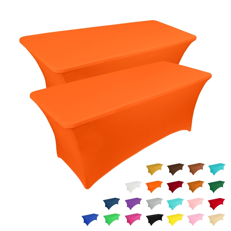 IVAPUPU 2 Pack 6FT Table Cloth for Rectangular Fitted Events Stretch Orange Table Covers Washable Spandex Tablecloth Protector for Party Wedding Cocktail Banquet Festival