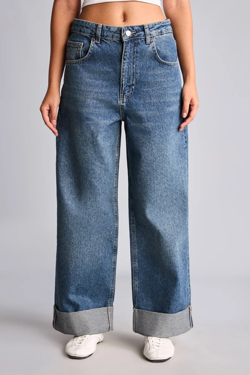 Defacto  100% Cotton Baggy Fit High Waist Cuffed Hem Jeans for Women | Best Price UAE