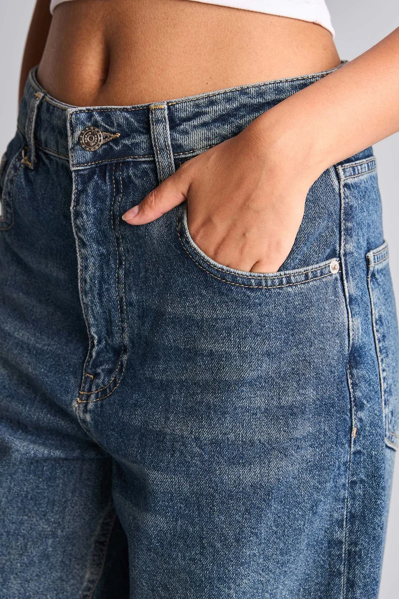 Defacto  100% Cotton Baggy Fit High Waist Cuffed Hem Jeans for Women | Best Price UAE