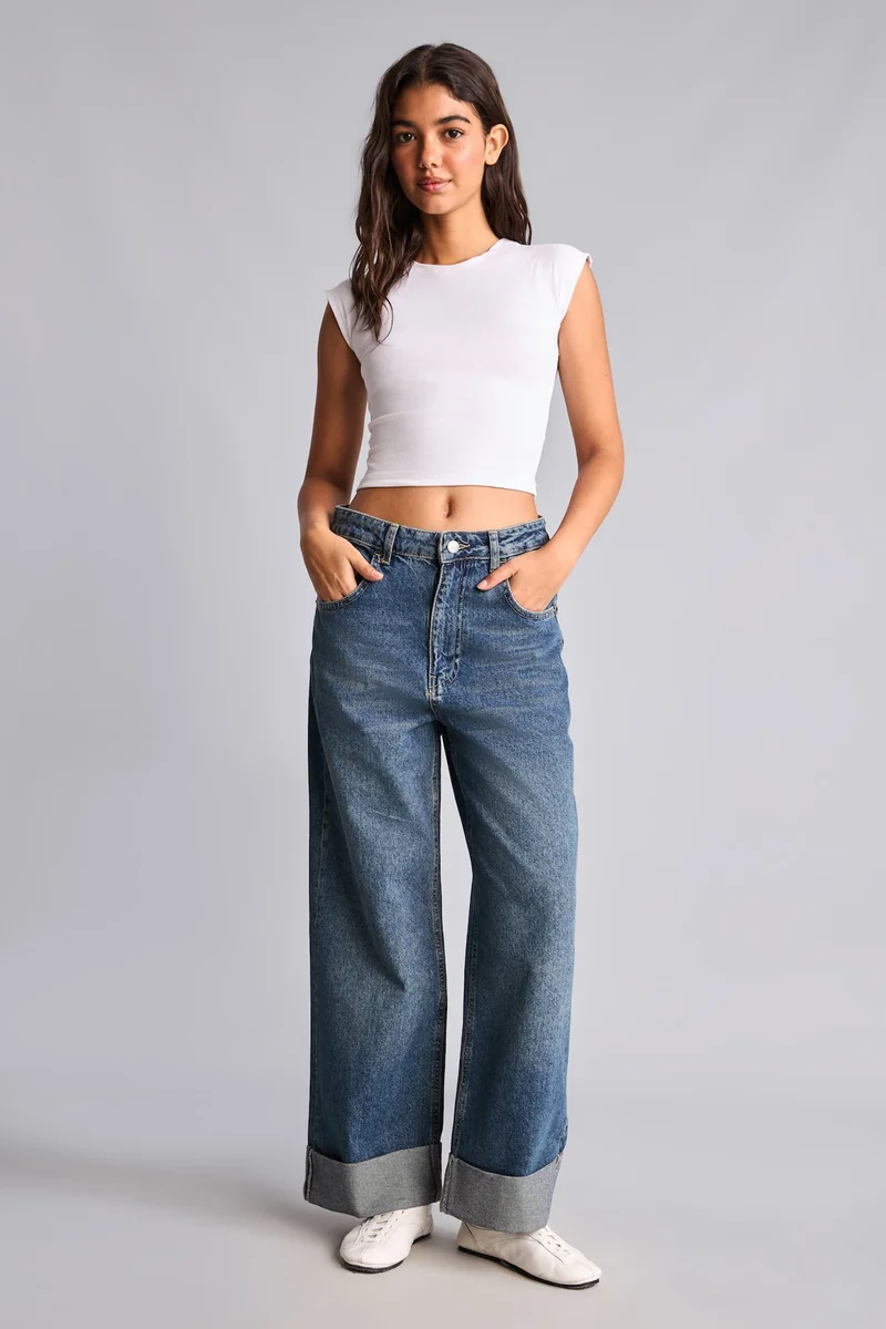 Defacto  100% Cotton Baggy Fit High Waist Cuffed Hem Jeans for Women | Best Price UAE