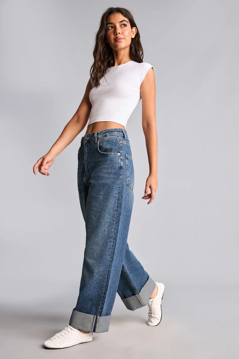100% Cotton Baggy Fit High Waist Cuffed Hem Jeans