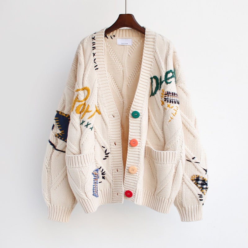Fashion Embroidered Sweater Women Fall/Winter 2024 Oversized Knitwear Apricot - Image 1