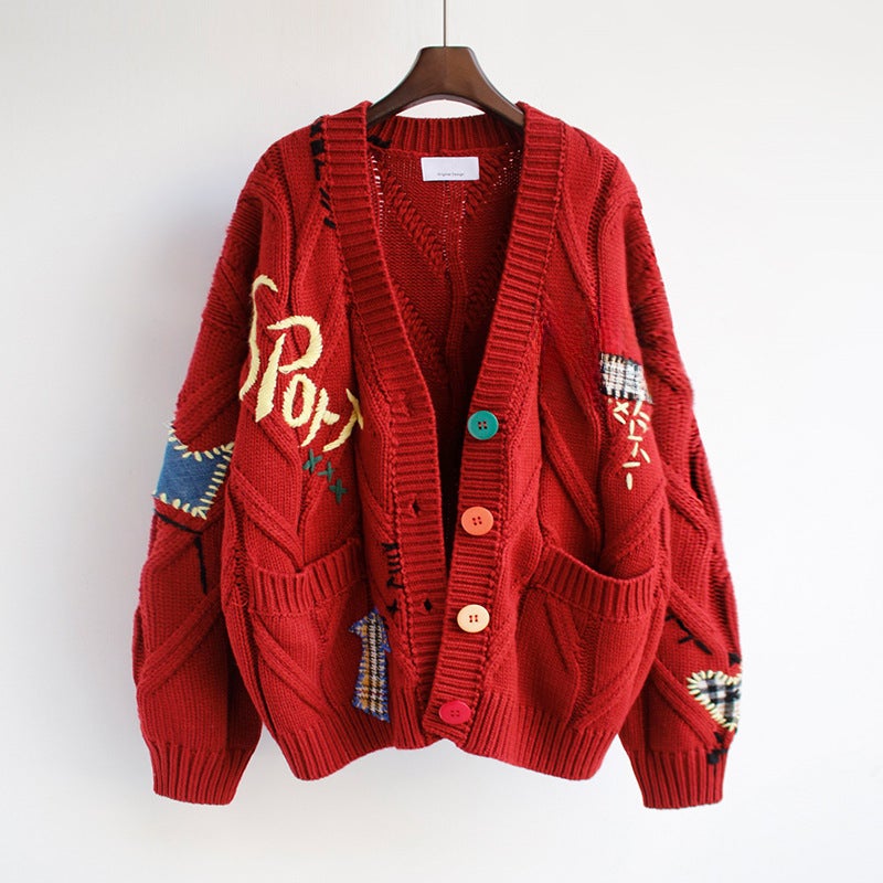 Fashion Embroidered Sweater Women Fall/Winter 2024 Oversized Knitwear Apricot - Image 2