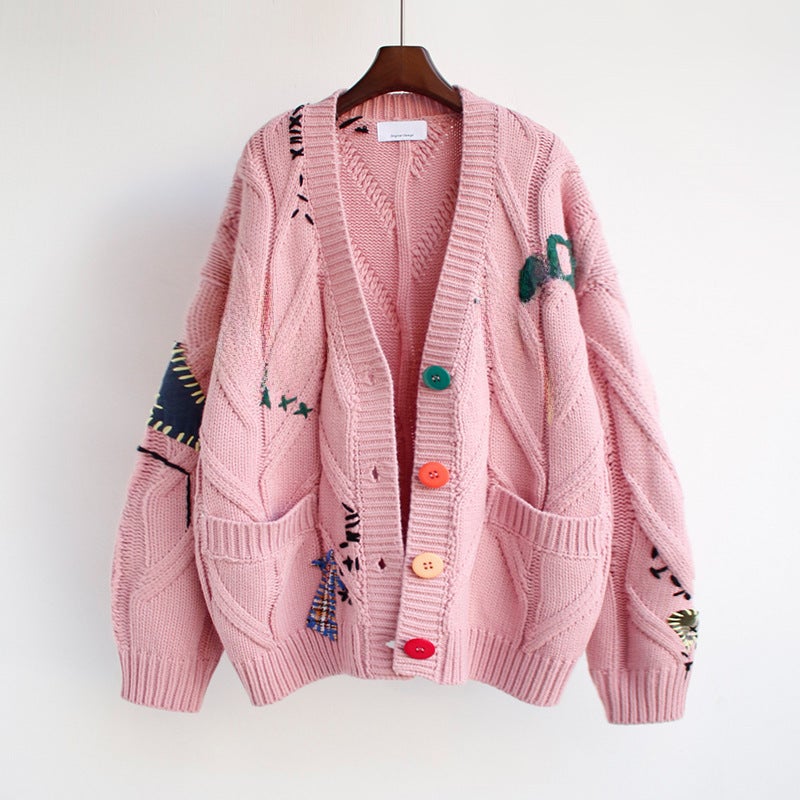 Fashion Embroidered Sweater Women Fall/Winter 2024 Oversized Knitwear Apricot - Image 3