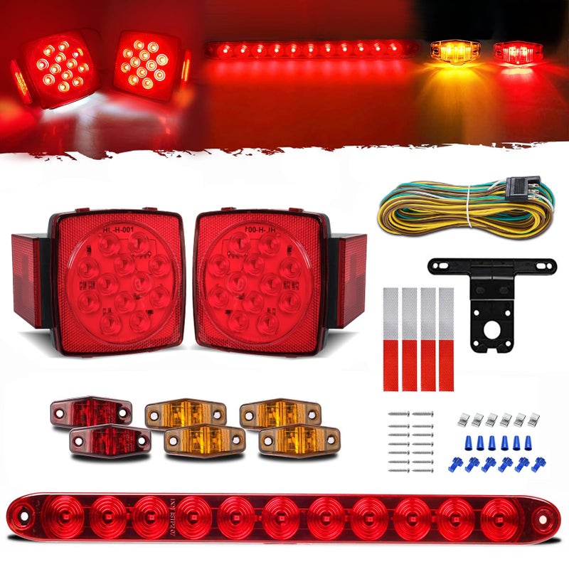 Gonice مجموعة أضواء LED كاملة للجرارات مجموعة أضواء قارب تحت الماء فائقة السطوع مع أضواء خلفية مربعة وأضواء علامة وشريط ضوء الفرامل وحزمة الأسلاك مثالية للجرارات والشاحنات والمركبات الترفيهية والقوارب