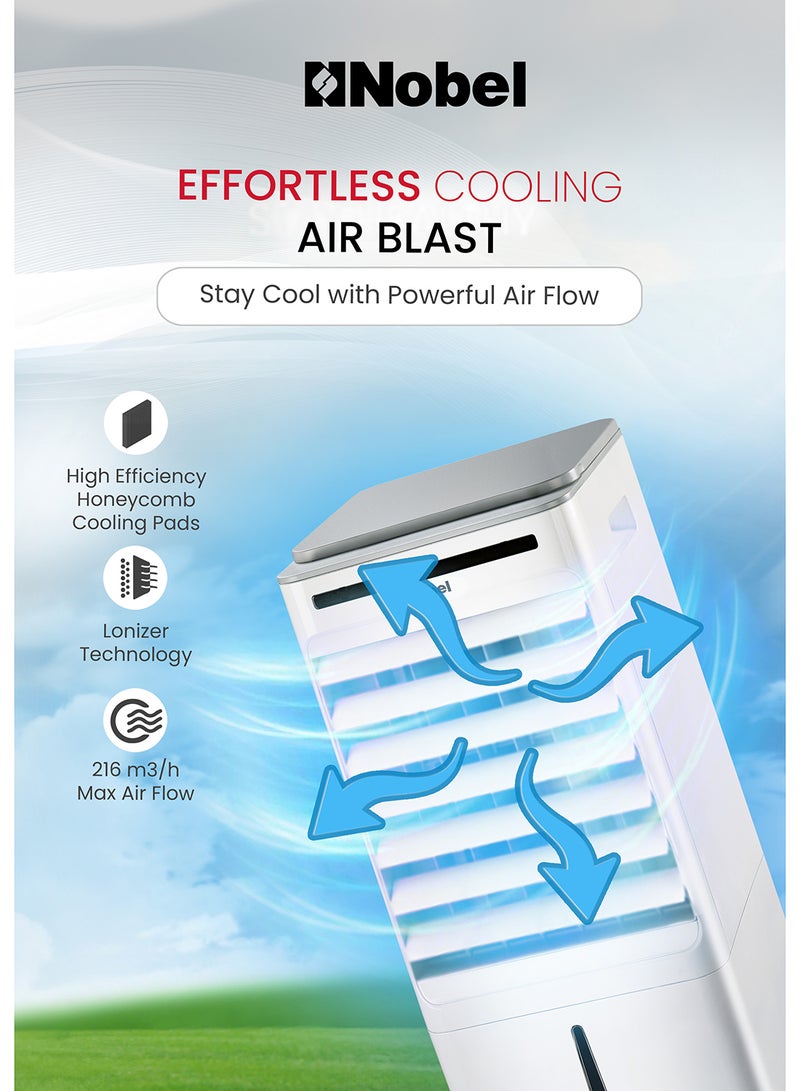 Nobel Air Cooler, Water Tank, 3-Speed, Ionizer, Auto Swing, 7.5H Timer, Efficient Cooling, Purified Air, Swing Oscilations, Compact Design With Remote 6 L 65 W NAC30R White - Image 4