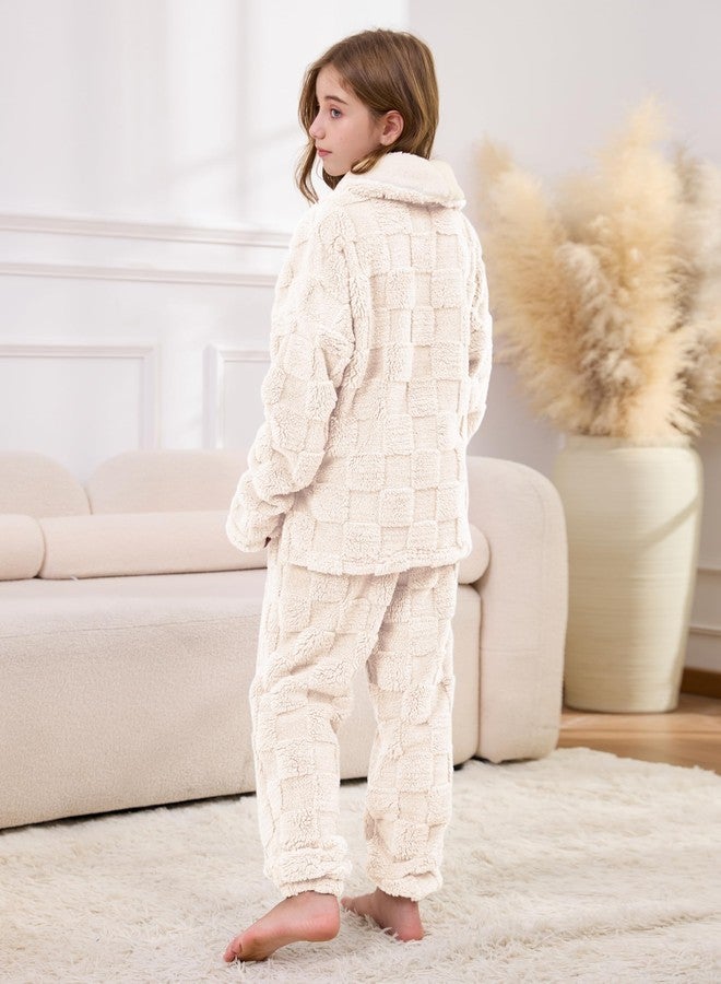 Lentta Girls Fleece Pants Sets Fuzzy 2 Piece Outfits Casual Warm Pullover Top Sweatshirt Sweatsuit with Pockets 5-14Y(Beige-XL) - Image 4