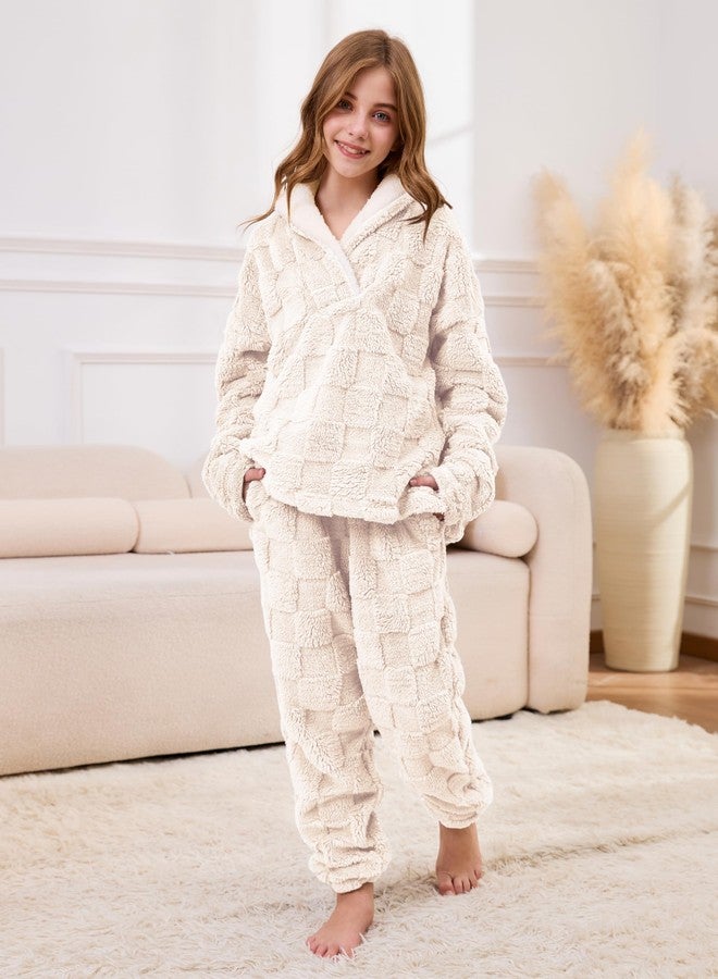 Lentta Girls Fleece Pants Sets Fuzzy 2 Piece Outfits Casual Warm Pullover Top Sweatshirt Sweatsuit with Pockets 5-14Y(Beige-XL) - Image 5