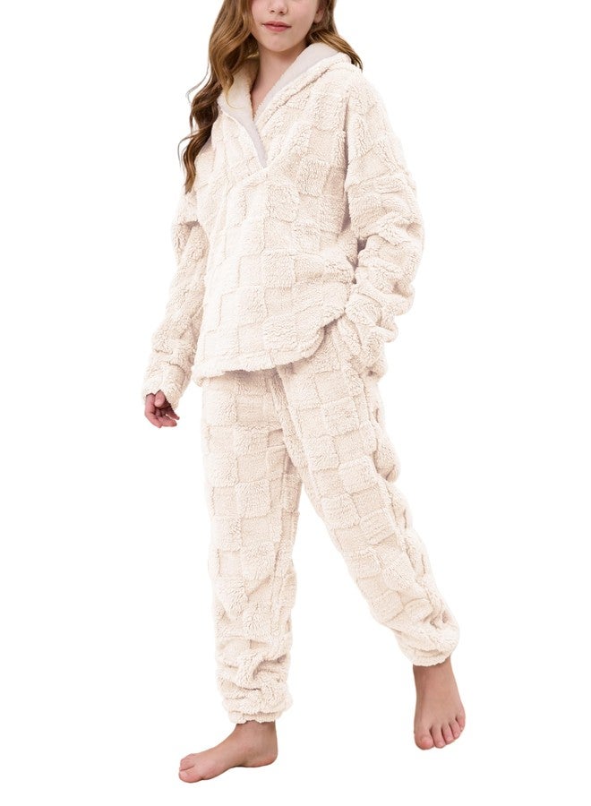 Lentta Girls Fleece Pants Sets Fuzzy 2 Piece Outfits Casual Warm Pullover Top Sweatshirt Sweatsuit with Pockets 5-14Y(Beige-XL) - Image 1