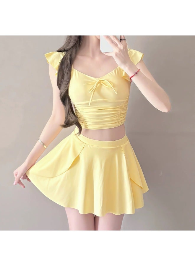 Swimsuit For Women Polyester New Style Cream Yellow High-end Separated Skirt Style Small Bust Seaside Vacation Hot Spring Swimsuit