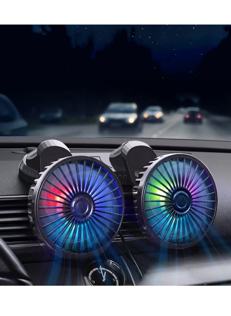 Excefore Car Fan,360° Adjustable Dual Head Cooling Air Fan Brushless Motor Low Noise Automobile Vehicle Fan Micro USB for Car/SUV/RV/Truck/Boat Use (With Coloured Light) - Image 1